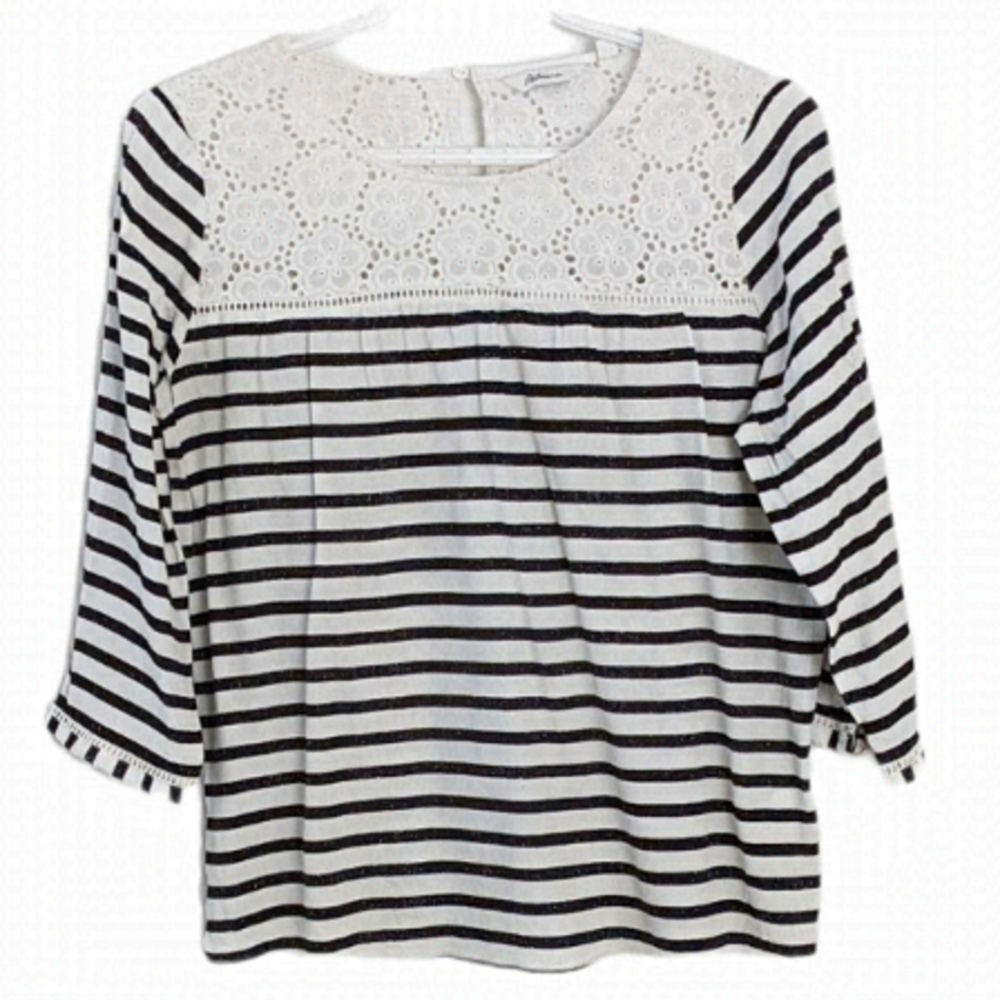 REITMANS lace stripped shirt top viscose 3/4 sleeves Medium @X